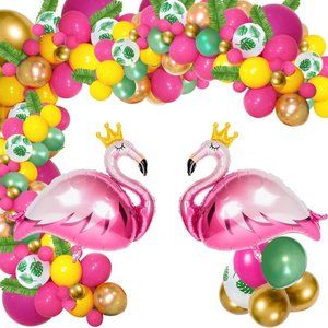 Luau Party Supplies with Balloons, Garland, Leaves, Flamingos for Beach Hawaiian